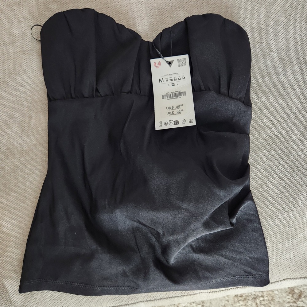 Zara Black Strapless Bustier Top Sweetheart Draped Side Zip NWT Medium 0085/884